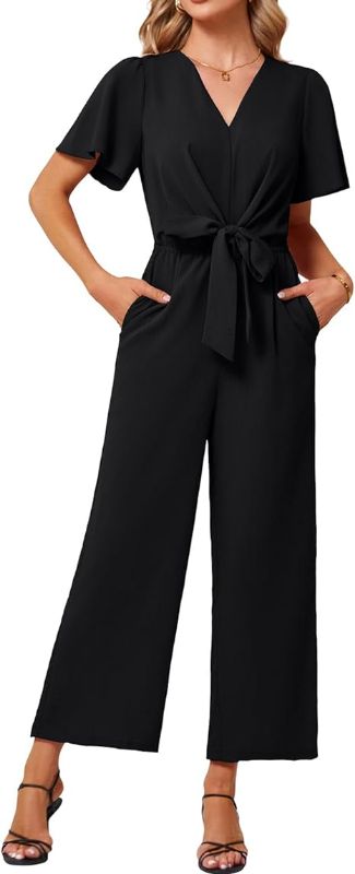 Photo 1 of Size S Women's 2024 Summer Wide Leg Jumpsuits Casual Dressy One Piece Outfits V Neck High Waist Linen Romper with Pockets
