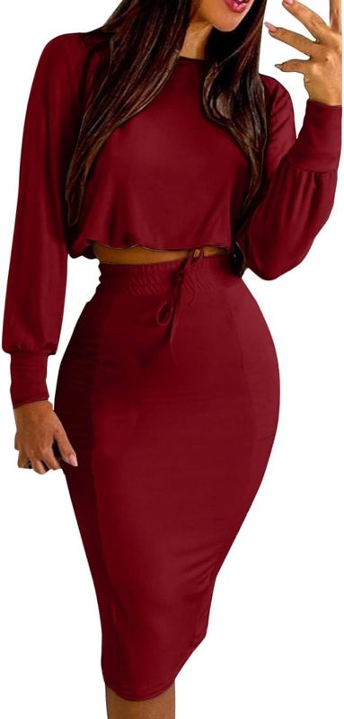 Photo 1 of 2XL Fall Dresses for Women 2023 Sexy 2 Piece Outfits Crop Top and Skirt Long Sleeve Bodycon 