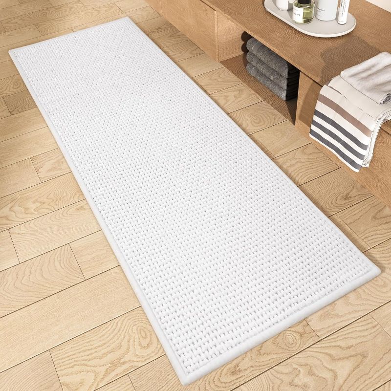 Photo 1 of Color&Geometry White Bathroom Runner Rug- Non Slip, Absorbent, Quick Dry, Thin, Washable- 80" 27" Long Bath Mat Runner Chenille Bathroom Carpet for Bathroom Floor, Shower, Bathtub, Vanity