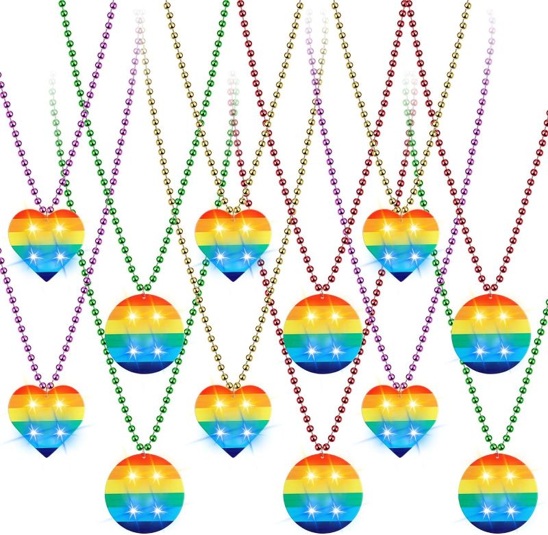 Photo 1 of 25  Pcs Rainbow Pride Beaded Necklaces Gay Pride Month Necklaces Rainbow Love Necklace Bulk LED Light up Glowing in the Dark Pride Accessories for LGBT Party Favors Supplies Decorations