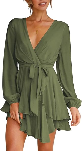 Photo 1 of SMALL Women's Dress Deep V-Neck Long Sleeve Waist Tie Ruffle Mini Swing Skater Dresses