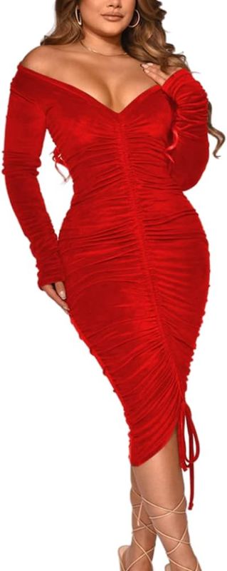 Photo 1 of (S) Women's Bodycon Tie Waist Dress Elegant Wrap V Neck Long Sleeve Midi Dresses Sexy Cocktail Party Dress SIZE S