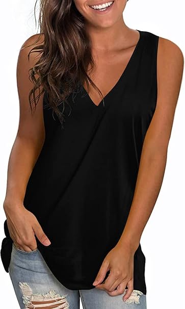 Photo 1 of 3XL LONGYUAN Womens Summer Sleeveless Tank Tops Vneck Loose Fit Tunic Side Split Tshirt Casual Blouse 2024