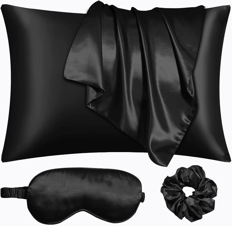 Photo 1 of Black Satin Pillowcase for Hair and Skin, Vegan Silk Pillowcase Set-2 Satin Pillowcases, 1 Eye Mask, 1 Scrunchie-Luxury Sleep Set, Silky Standard Satin Pillow Cases with Envelope Closure