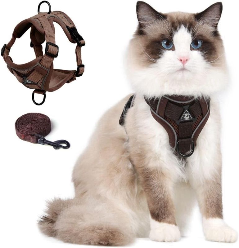 Photo 1 of Cat Harness and Leash Set, Upgraded Escape Proof Adjustable Vest with Lead for Kitten Puppy Outdoor Walking, Soft Breathable Mesh Jacket with Reflective Strips for Dark Night (M, Coffee Brown)