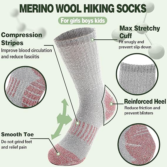 Photo 2 of 8-12 Years Kids Merino Wool Hiking Socks Girls Boys Teen Winter Thermal Cozy Warm Thick Cushion Boot Socks
