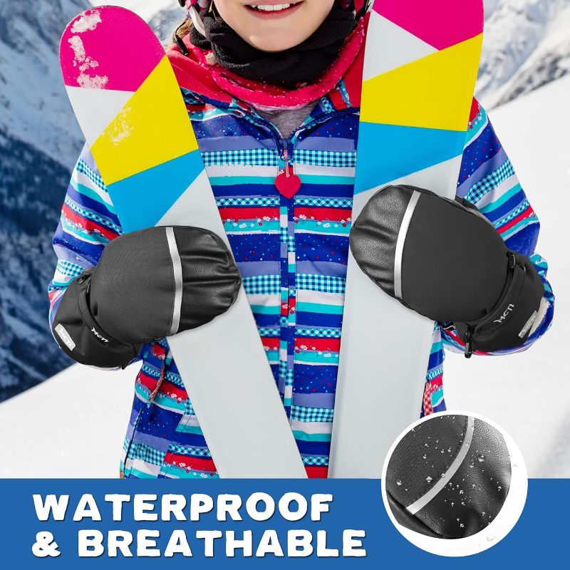 Photo 2 of 8-10 Years MCTi Kids Mittens Waterproof Winter Ski Warm Sherpa Lined Long Cuff with String
