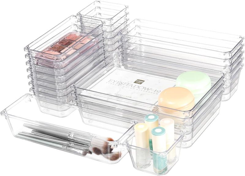 Photo 2 of Cq acrylic 25 PCS Clear Drawer Organizers Set,4 Sizes Plastic Vanity Drawer Organizers and Storage Bins, Desk Drawer Organizer Trays for Makeup,Bathroom and Kitchen
