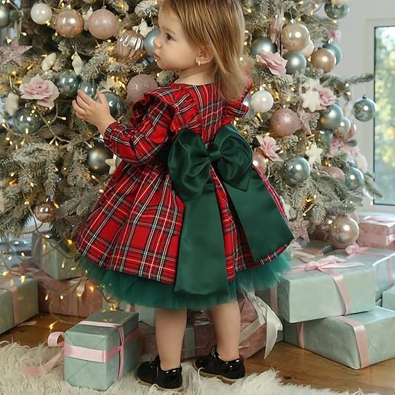 Photo 2 of 1-2T fhutpw Baby Girl Clothes 6 Months Buffalo Plaid Dress Infant Toddler Girls 2T 3T 4T 5T Christmas Bow Outfits Red Dresses
