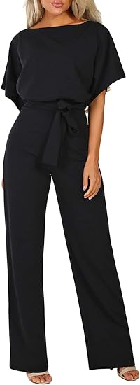 Photo 1 of (L) Happy Sailed Womens Loose Short Sleeve Belted Wide Leg Pant Romper Jumpsuit Business Casual One Piece Outfits
