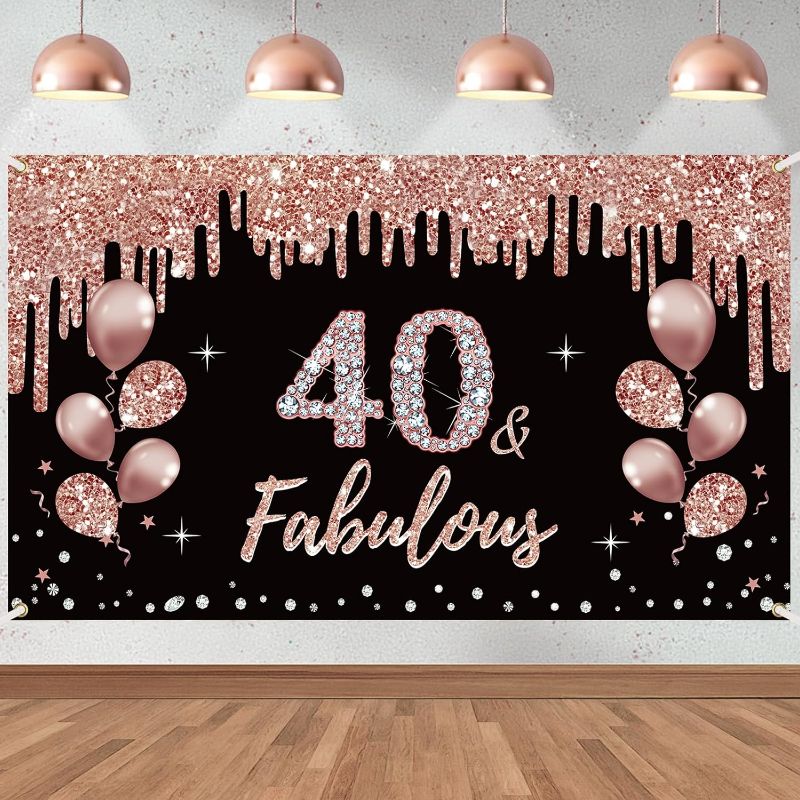 Photo 1 of 40th Birthday Decorations 40 & Fabulous Birthday Banner for Women, Rose Gold 40 Birthday Theme Sign Party Supplies, Forty Year Old Bday Background Photo Booth for Indoor Outdoor
