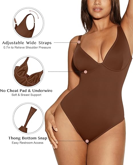 Photo 1 of size xl FeelinGirl Shapewear Bodysuits for Women Tummy Control Body Suits Deep V Neck Thong Body Shaper
