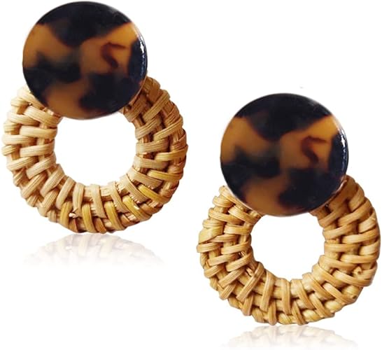 Photo 1 of 2 Piece Lot - Handmade Rattan Vine Knit Hoop Dangle Earrings Bohemia Straw Braided Wicker Tortoise Shell Mottled Drop Earrings for Women / 9Pairs 16-18G Stainless Steel Cartilage Helix Tragus Conch Earrings Studs Hoops For Women CZ Barbell Studs Hoops Ear