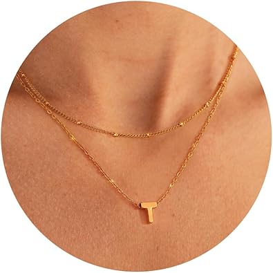 Photo 1 of 2 Piece Lot -Initial Necklaces for Women - 18K Gold Plated Layered Dainty Personalized Initial A-Z Pendant Necklaces Trendy Choker Necklaces Bead Chain Cute Letter Name Necklace Gold Jewelry Gifts  / 3 Pairs Hoop Earrings for Women 316L Stainless Steel Hy