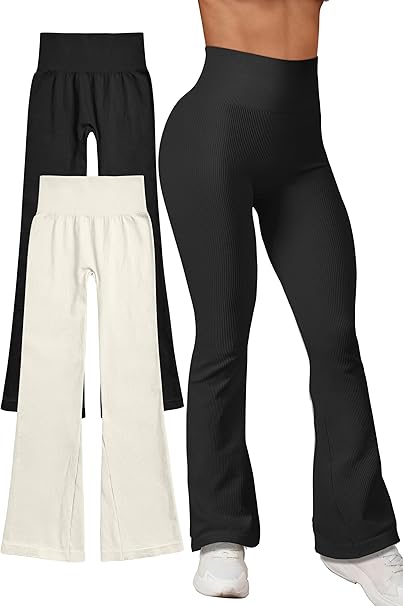 Photo 1 of Medium Black Yoga Pants Ribbed Seamless Exercise High Waist Bell Bottoms Flare Leggings