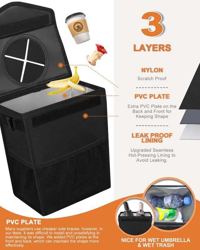 Photo 1 of Car Trash Can with Lid, Cute Leakproof Car Trash Garbage Bag Hanging Vehicle Trash Bin Small Portable Automotive Garbage Cans Organizer for Back/Front Seat/Console(Trapezoid,Black)
