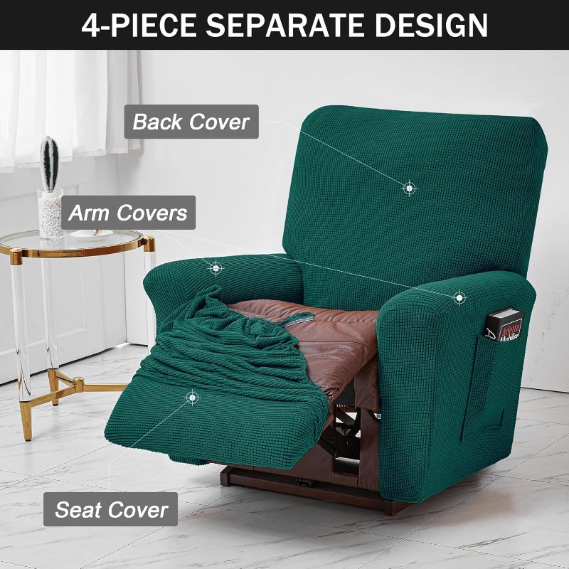 Photo 1 of CONRUSER Stretch Recliner Chair Covers, 4-Piece Soft Sofa Cover Thick Single Seat Couch Cover Jacquard Recliner Slipcover with Pocket (Dark Green)
