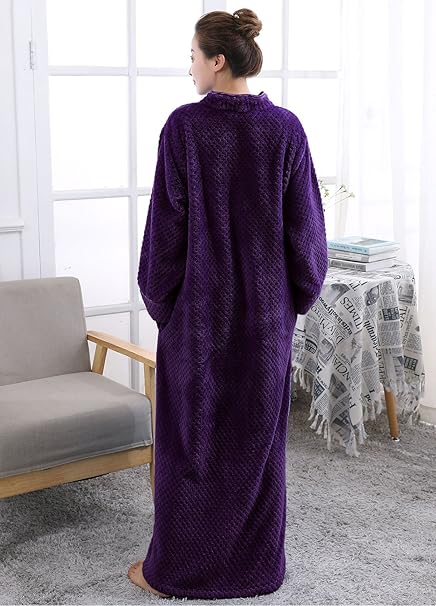 Photo 2 of Large Women's Bathrobe Soft Warm Long Fleece Plush Robe Fluffy Housecoat Sleepwear Dressing Gown Purple