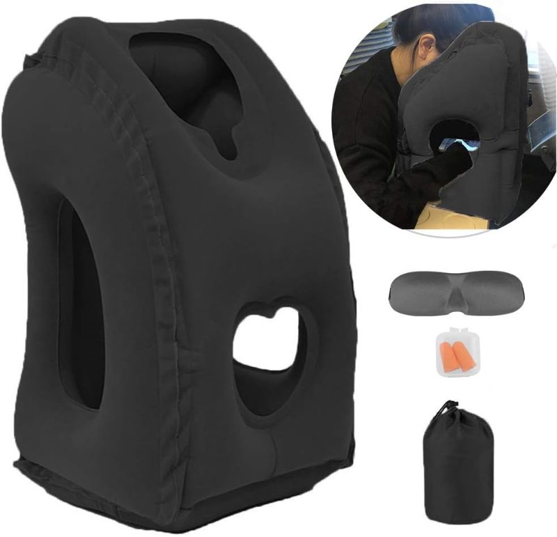 Photo 1 of Inflatable Travel Pillow for Airplane, Neck Air Pillow for Sleeping to Avoid Neck and Shoulder Pain, Support Head and Lumbar, Used for Airplane, Car, Bus and Office (Black)
