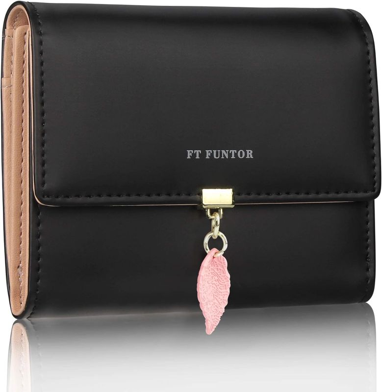 Photo 1 of FT FUNTOR RFID Wallets for Women, Leaf Card Holder Trifold Ladies Wallets Coins Zipper Pocket with ID Window Small Black
