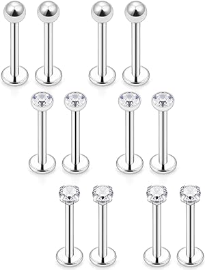 Photo 2 of Dyknasz Tragus Earrings 16G Surgical Steel Cartilage Conch Helix Studs Piercing Clear Diamond CZ Lip Ring Labret Studs Barbell Medusa Jewelry for Women Men 6mm 8mm 10mm 10 Pieces
