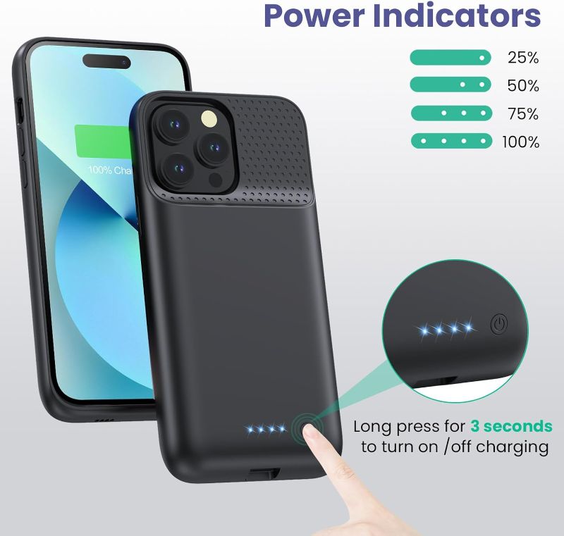 Photo 3 of Battery Charging Case for iPhone 12Pro Max/13Pro Max/14Pro Max/14Plus (6.7 Inch), Powerful 8600mAh Portable Rechargeable Charger Case for iPhone 14ProMax/14Plus/13Promax/12Promax Battery Case-Black
