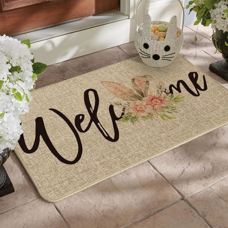 Photo 3 of Artoid Mode Rabbit Flower Welcome Easter Doormat, Seasonal Spring Home Decor Low-Profile Switch Rug Door Mat Floor Mat for Indoor Outdoor 17x29 Inch
