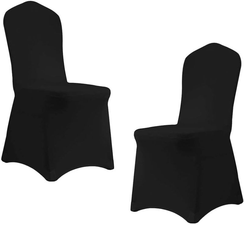 Photo 1 of 2Pcs Black Chair Cover Black Polyester Spandex Banquet Chair Covers Slipcover Flat Front Stretch Spandex Chair Covers for Wedding Banquet Dining Party Decorations 