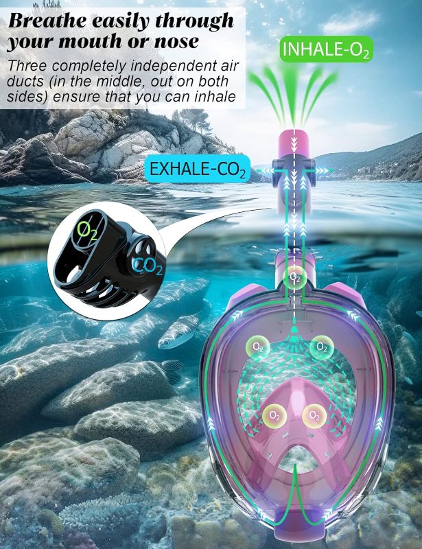 Photo 2 of S/M W WSTOO Full Face Snorkel Mask,Snorkeling Gear for Adults to Breathe Through Mouth or Nose,180 Degree Panoramic View,Anti-Fog Anti-Leak with Camera Mount,Best Gift for Summer Holiday Travelers