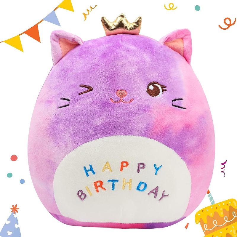 Photo 1 of Easfan 12'' Rainbow Birthday Kitty Plush Pillow Soft Cat Plush Toy Cute Kitty Stuffed Animal Home Room Decoration Birthday Gifts for Kids Toddlers
