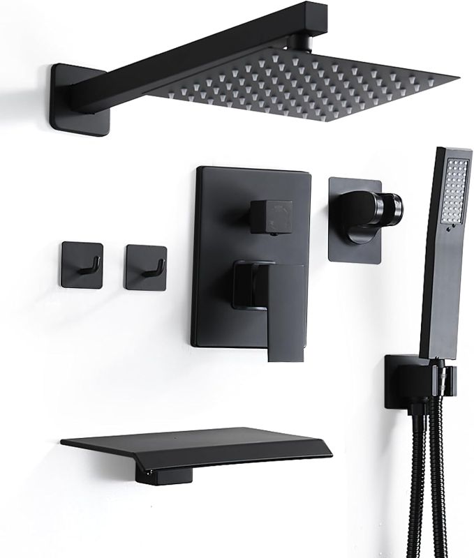 Photo 1 of 8 Inch Shower Faucet Set, Rainfall Shower System with High Pressure Handheld Shower Head, Bathroom Mixer Shower Set Wall Mounted Rough-in Valve and Trim Kit, with Tub Spout
