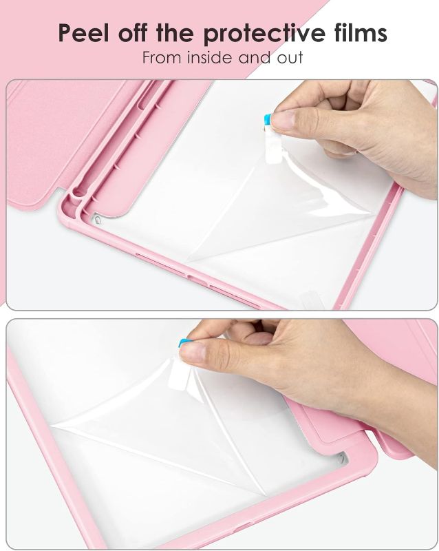 Photo 3 of DTTOCASE Case for iPad 9th / 8th / 7th Generation 10.2 inch (2021/2020/2019 Released), Clear Back, TPU Shockproof Frame Cover[Built-in Pencil Holder,Support Auto Sleep/Wake] for ipad 10.2 - Pink
