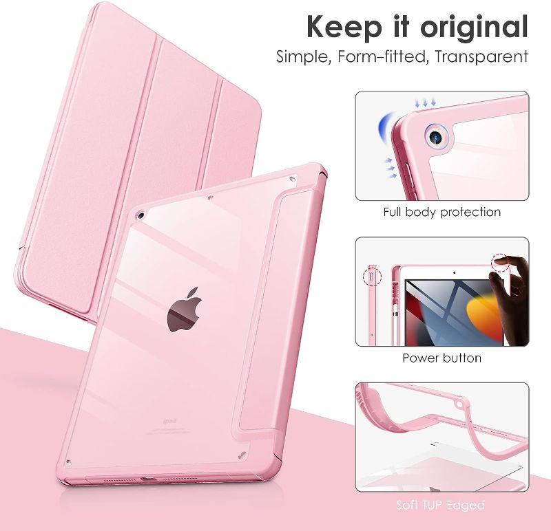 Photo 2 of DTTOCASE Case for iPad 9th / 8th / 7th Generation 10.2 inch (2021/2020/2019 Released), Clear Back, TPU Shockproof Frame Cover[Built-in Pencil Holder,Support Auto Sleep/Wake] for ipad 10.2 - Pink
