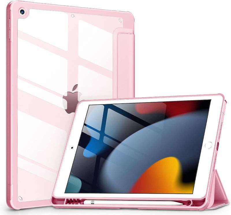 Photo 1 of DTTOCASE Case for iPad 9th / 8th / 7th Generation 10.2 inch (2021/2020/2019 Released), Clear Back, TPU Shockproof Frame Cover[Built-in Pencil Holder,Support Auto Sleep/Wake] for ipad 10.2 - Pink
