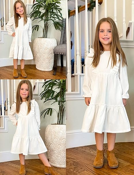 Photo 2 of 7-8 Years Arshiner Girls Dresses Casual A-line Ruffled Button Long Sleeve Corduroy Swing Dress
