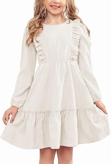 Photo 1 of 7-8 Years Arshiner Girls Dresses Casual A-line Ruffled Button Long Sleeve Corduroy Swing Dress
