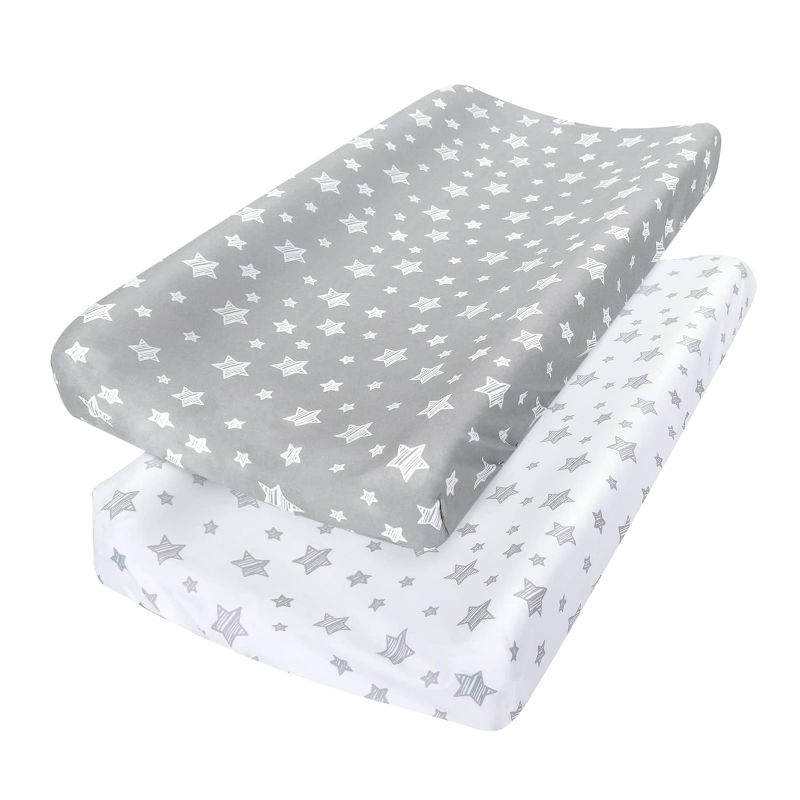 Photo 1 of Changing Pad Cover for Boys Girls 2 Pack, Lovely Print Soft Unisex Diaper Change Table Sheets, Fit 32"x16" Contoured Pad, Comfy Cozy 2-Pack Cradle Sheets, Grey & White
