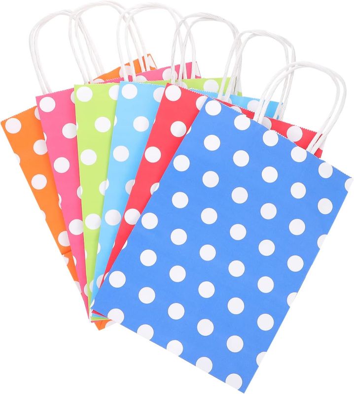 Photo 2 of 12 Pack Neon Color Small Polka Dot Gift Bags Kraft Paper Bags with Handles for Birthday Parties, Baby Shower, and Wedding (5 x 3.1 x 8.2 in, Royal Blue, 12 Pcs)
