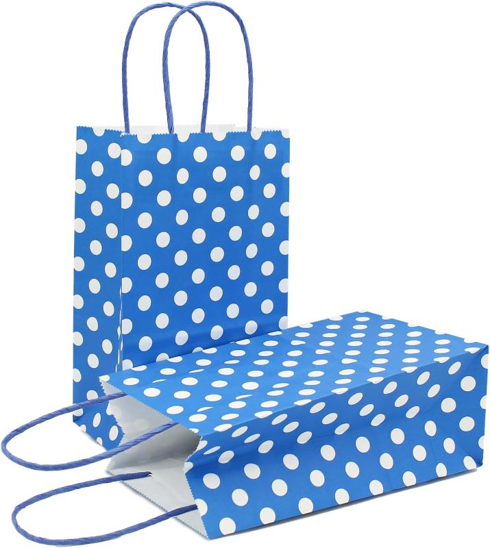 Photo 1 of 12 Pack Neon Color Small Polka Dot Gift Bags Kraft Paper Bags with Handles for Birthday Parties, Baby Shower, and Wedding (5 x 3.1 x 8.2 in, Royal Blue, 12 Pcs)
