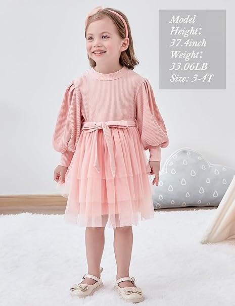 Photo 2 of 4T Toddler Girl Tulle Dress Puff Long Sleeves Tutu Dresses with Tie Belt for Princess Brithday Party 