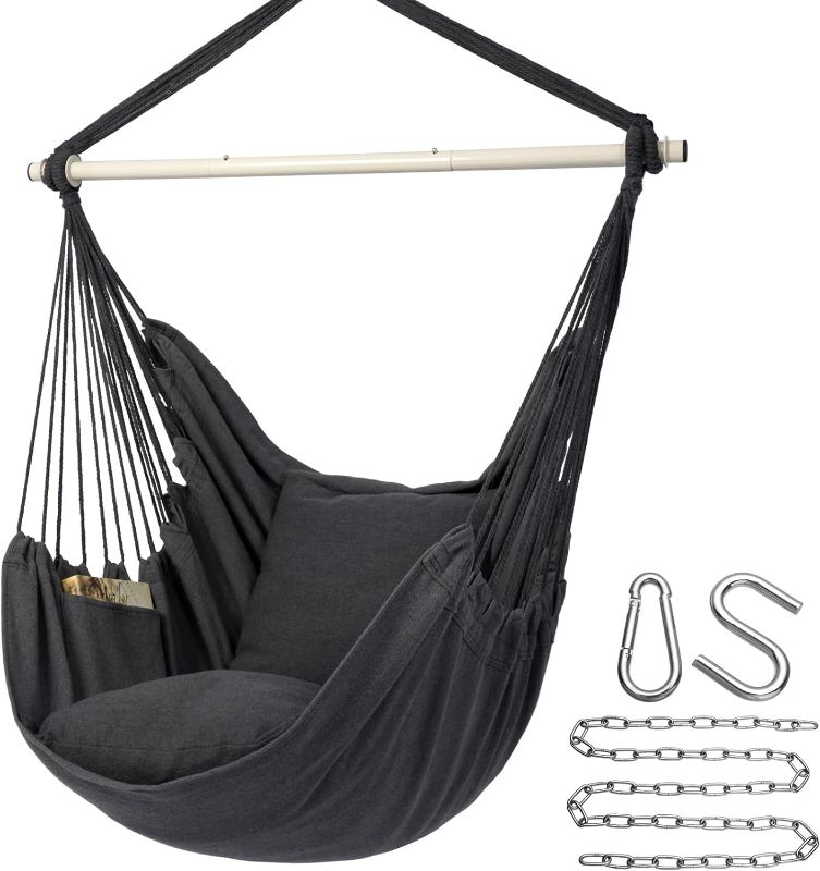 Photo 1 of 1 Y- Stop Hammock Chair Hanging Rope Swing Chair, Max 500 Lbs, 2 Seat Cushions Included, Removable Steel Spreader Bar with Anti-Slip Rings, Hardware kit-for Indoor or Outdoor(Dark Grey)