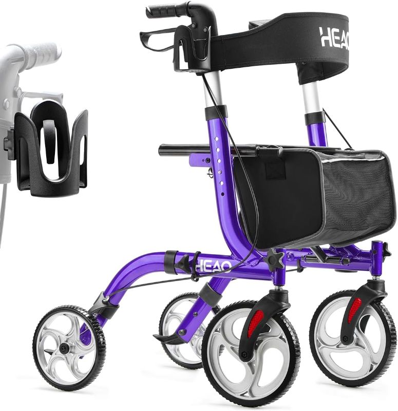 Photo 1 of 1HEAO Rollator Walker with Seat, Folding Rollator Walker with Extra Cup Holder & 10" Wheels,Padded Backrest, Lightweight Mobility Walking Aid for Seniors, Purple