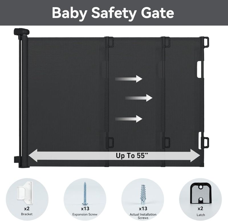 Photo 2 of 1 Black Retractable Baby Gate Indoor Outdoor Safety Gate for Baby and Dog Gate Extends to 55'' Wide 35'' Tall Child Safety Gate Mesh Gate for Stairs, Door