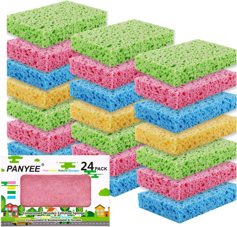 Photo 1 of 24 Pack Compressed Cellulose Kitchen Sponges,Non-Scratch Biodegradable Natural Sponge Scrub for Dishes Cleaning,Funny Colorful DIY Sponge for Kids