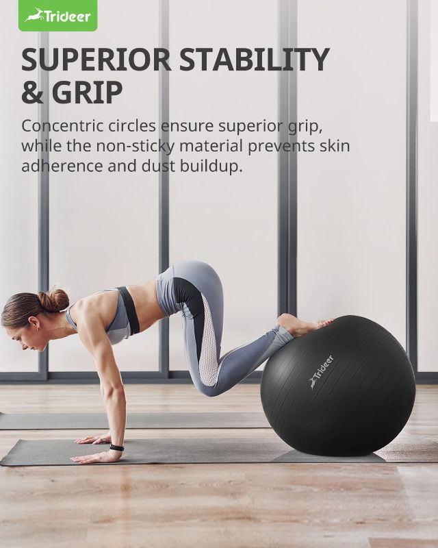 Photo 2 of 1 Black Trideer Yoga Ball Exercise Ball for Working Out, 5 Sizes Gym Ball, Birthing Ball for Pregnancy, Swiss Ball for Physical Therapy, Balance, Stability, Fitness, Office Ball Chair, Quick Pump Included