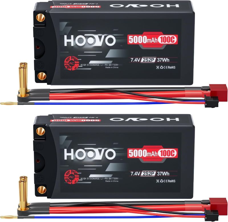 Photo 1 of HOOVO 2S Shorty Lipo Battery 7.4V 100C 5000mAh RC Lipo Battery Pack Hard Case with 5mm Bullet Deans Connector for RC 1/10 Scale Vehicles Car Trucks Boat Racing (2 Pack)