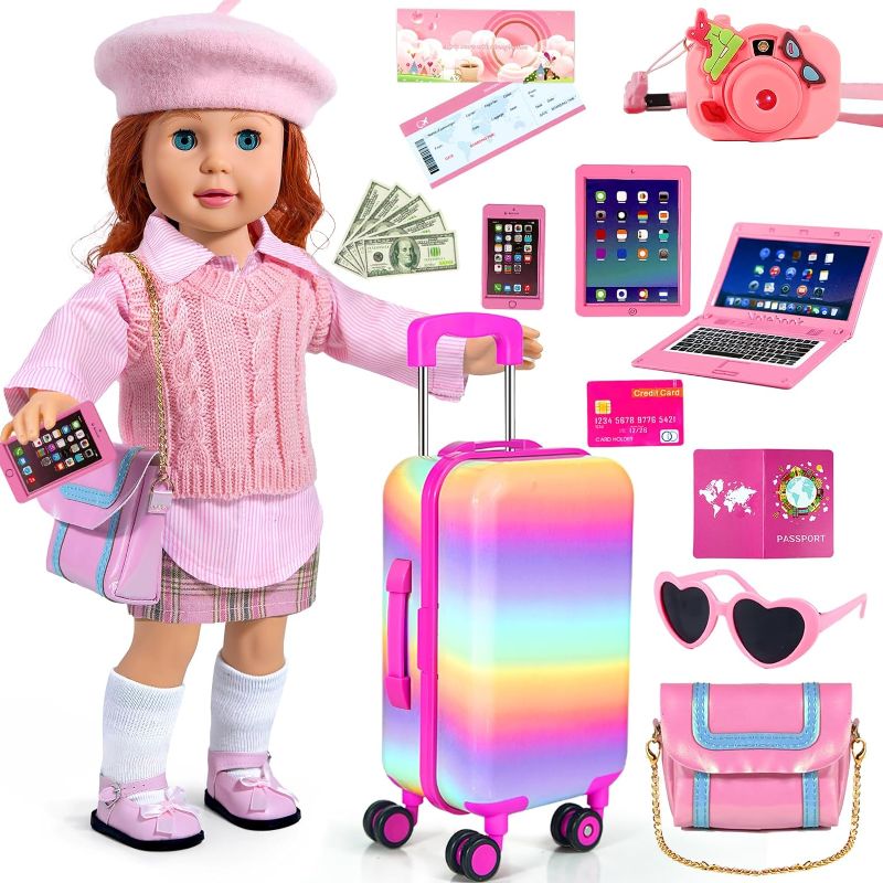 Photo 1 of 18-inch-Doll-Clothes and Accessories - Doll-Travel-Suitcase Luggage, Doll-Clothes and Shoes, Bag, Sunglasses, Camera, Passport, Notebook, Phone, pad Doll Travel Gear Play Set Fit 18 inch Doll