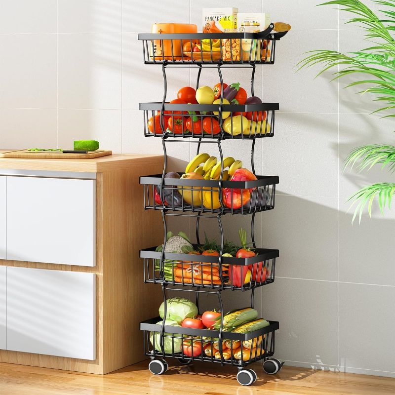 Photo 1 of 5 Tier Fruit Basket for Kitchen, Stackable Fruit and Vegetable Wire Basket with Wheels for Banana Onions and Potatoes Storage and Organization, Black