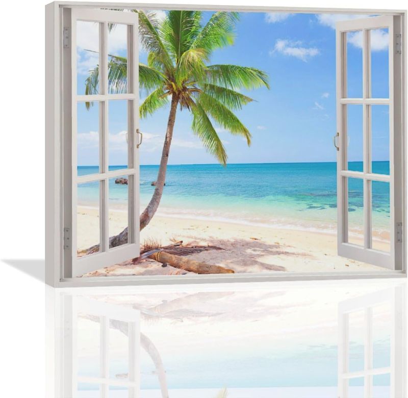 Photo 1 of Beach Bathroom Wall Art Palm Tree Beach Coastal Pictures Wall Decor Blue Sea Canvas Painting Print Tropical Ocean Nautical 3D Window View Decorations Artworks Framed for Living Room Bedroom 20"x16"