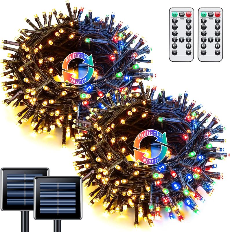 Photo 1 of JMEXSUSS 2 Pack Warm White & Multicolor Solar Christmas Lights with 11 Modes Remote, Each 100 LED 42.7ft Solar Color Changing Lights Outdoor Waterproof for Christmas Halloween Decorations